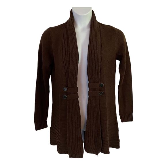 Fortune + Ivy Brown Tab Button Open Front Shimmery Cardigan M Medium NWOT - Picture 2 of 8